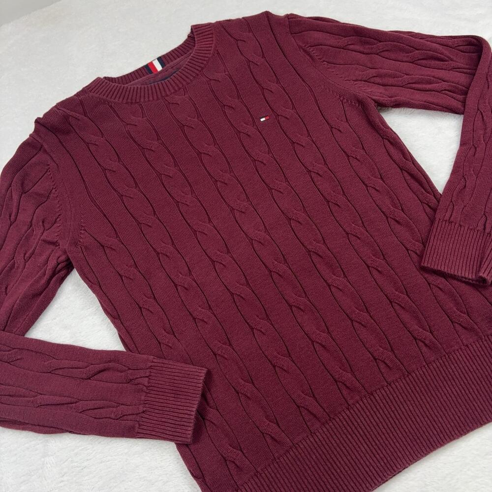 Tommy Hilfiger Pullover Sweater Women M Red Cotton Crew Neck Cable Knit Logo